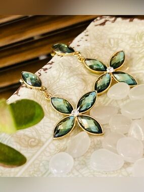 Gold Tone Drop Earrings with Teal Marquise Crystals - Elegant Floral Design